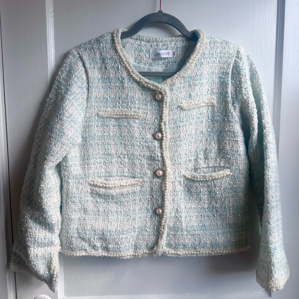 Women's Tweed Pearl-Button Blazer in Light Mint